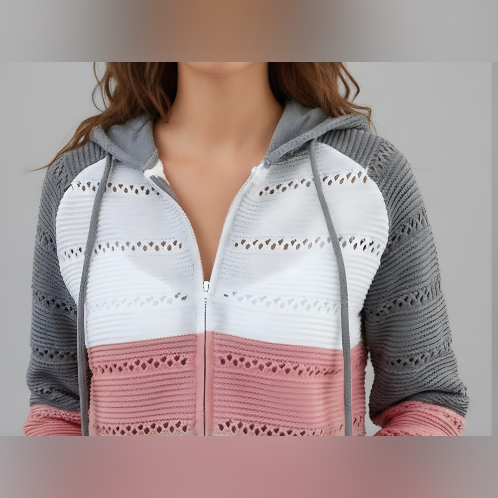 Pointelle Knit Drawstring Zip Hooded Cardigan - Picture 3 of 8